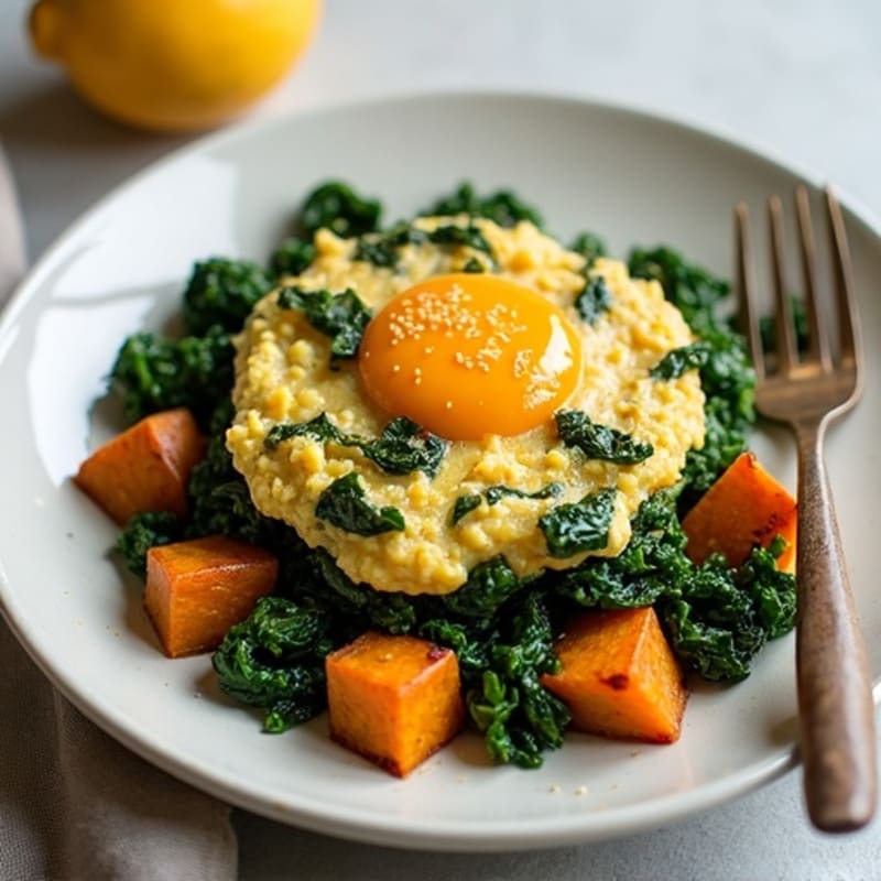 Silky Tofu and Spinach Scramble with Roasted Sweet Potatoes
