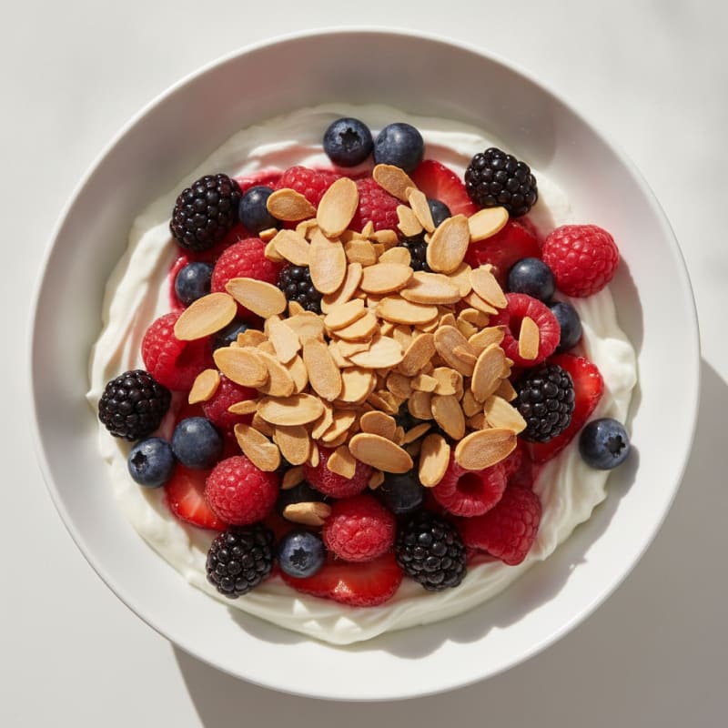 Greek Yogurt Protein Parfait with Mixed Berries and Almonds