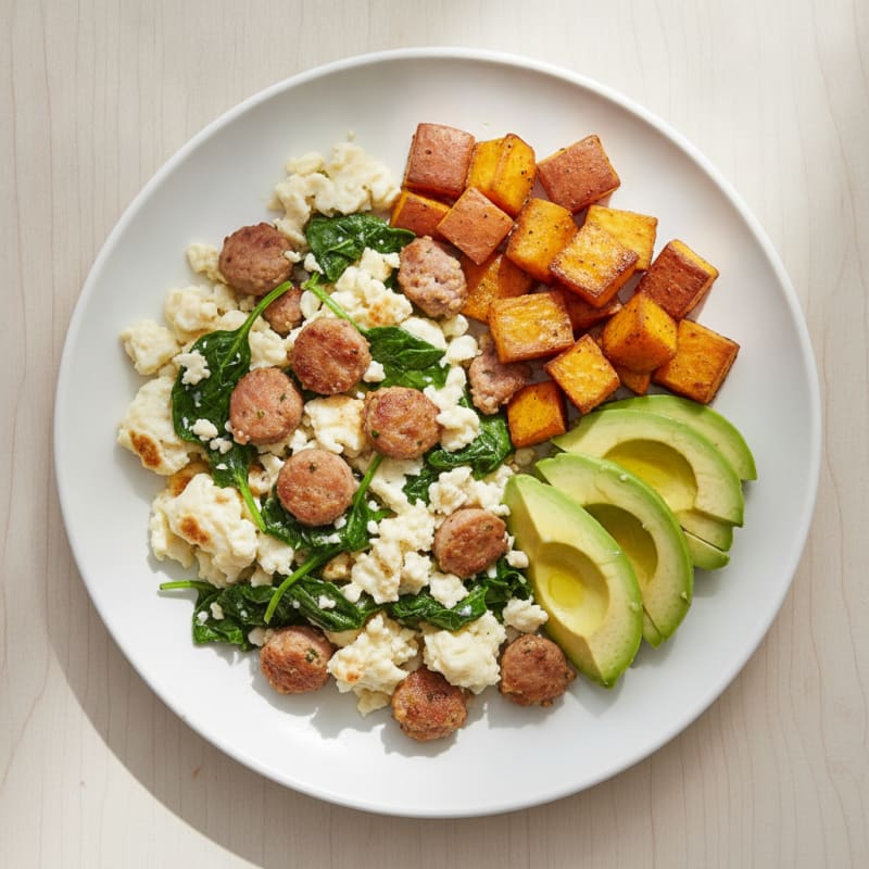 Egg White Scramble with Turkey Sausage and Spinach