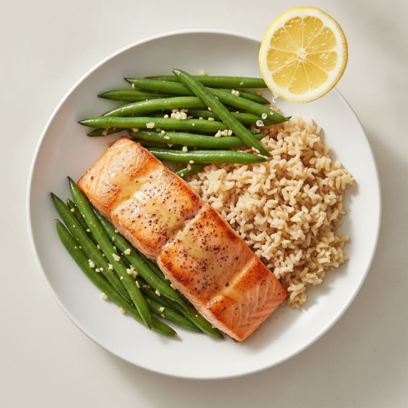 Seared Salmon Fillet with Garlic Green Beans and Brown Rice