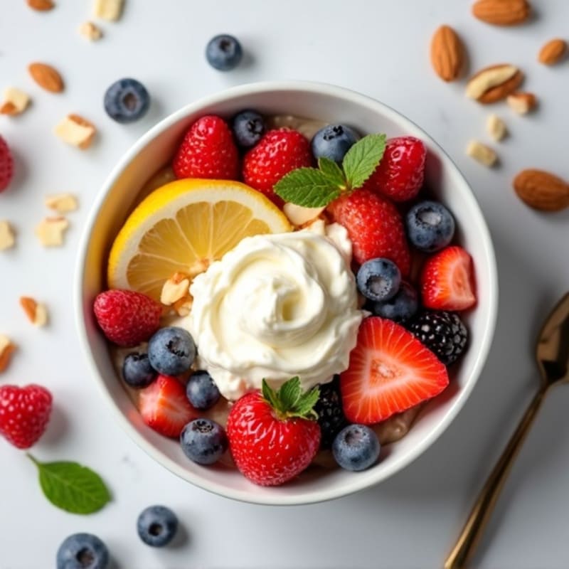 Creamy Lemon Vanilla Cottage Cheese Bowl with Fresh Berries and Crunchy Almonds