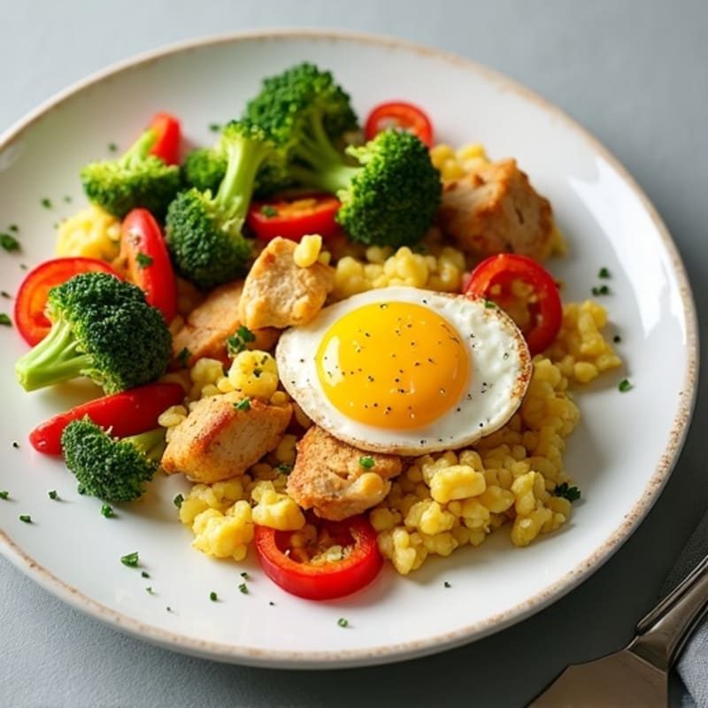 Egg and Chicken Veggie Scramble with Peppers and Broccoli