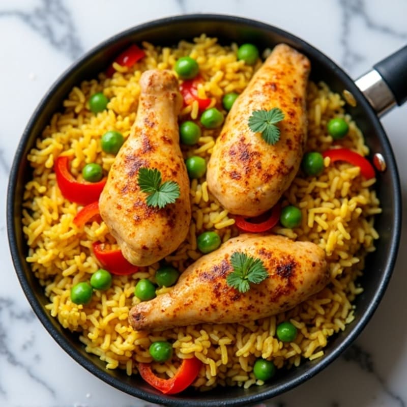 One-Pan Chicken and Yellow Rice with Bell Peppers and Peas