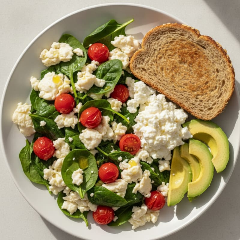 Egg White and Spinach Scramble with Cottage Cheese and Tomatoes