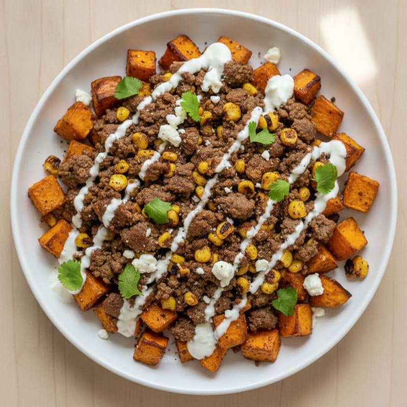 Beef Street Corn with Roasted Sweet Potato
