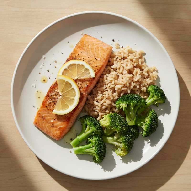 Seared Salmon with Steamed Broccoli and Brown Rice