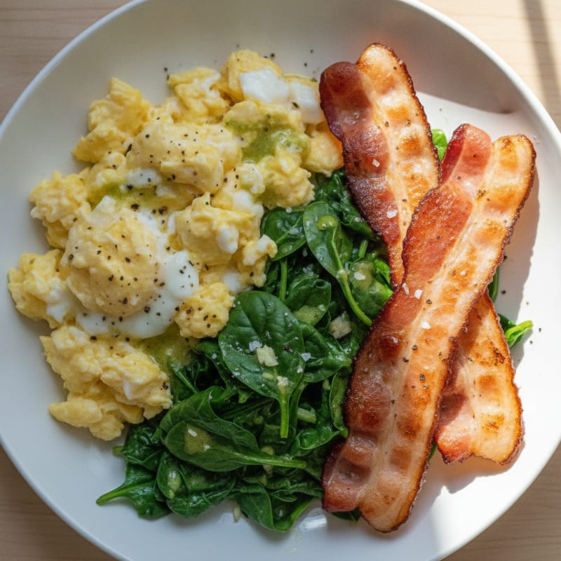 Eggs with Sautéed Spinach and Crispy Bacon