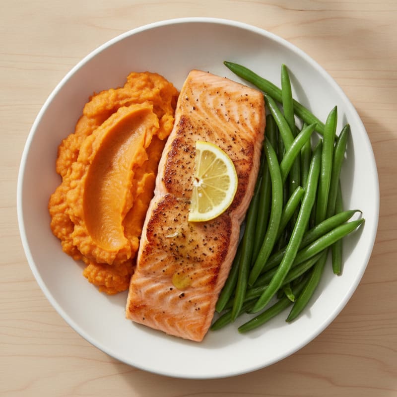 Seared Salmon with Steamed Green Beans and Sweet Potato Mash