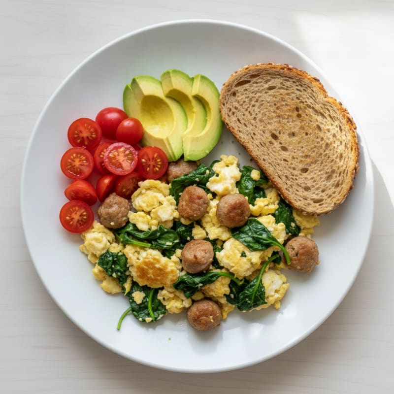 Egg White Scramble with Turkey Sausage and Spinach