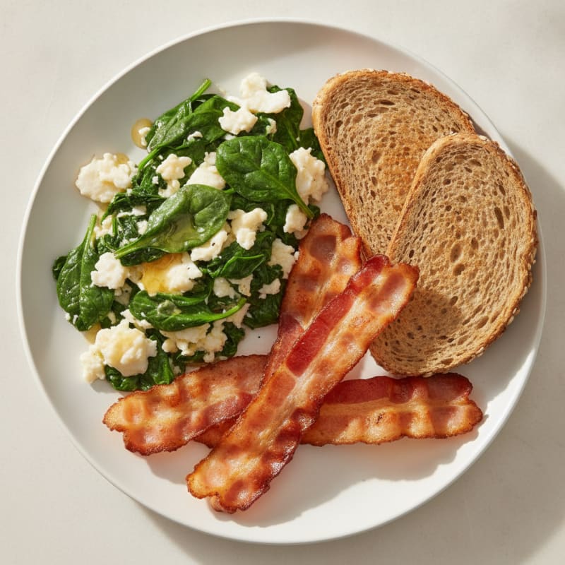 Crispy Turkey Bacon and Egg White Scramble with Sautéed Spinach