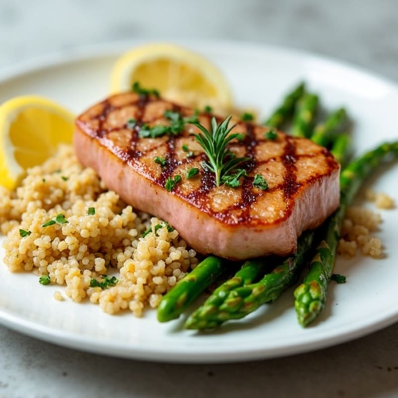 Seared Tuna Steaks with Roasted Asparagus and Lemon Quinoa