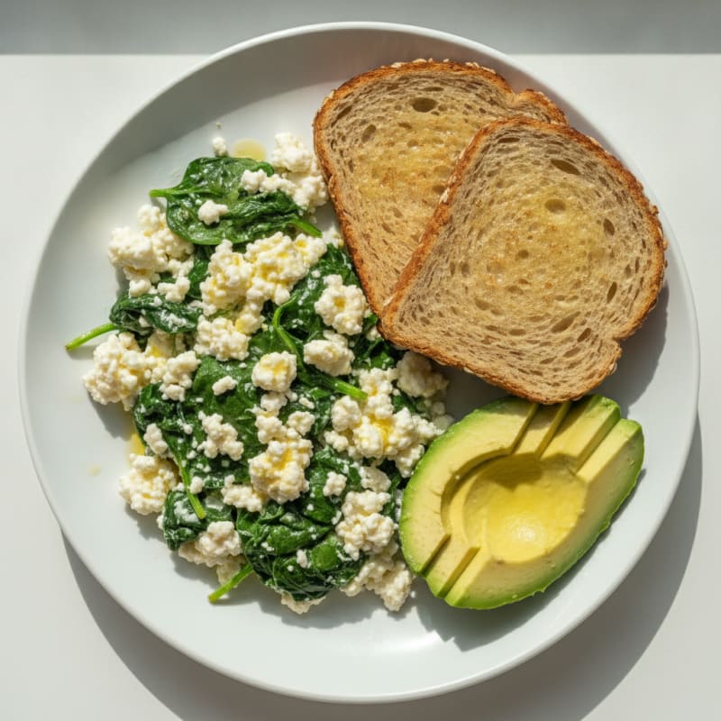 Egg White Scramble with Cottage Cheese and Sautéed Spinach