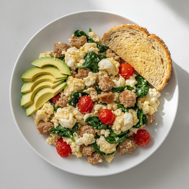 Egg White and Turkey Sausage Scramble with Spinach and Tomatoes