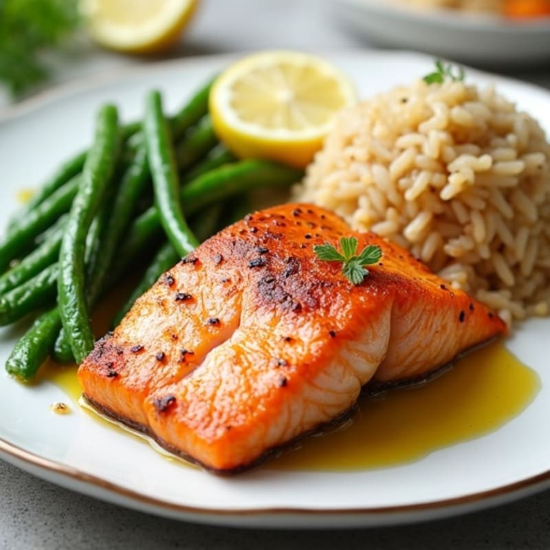 Seared Salmon with Steamed Green Beans and Brown Rice