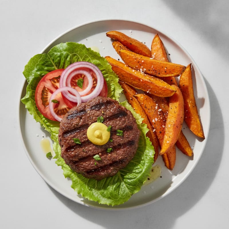 Hamburger with Roasted Sweet Potato Wedges