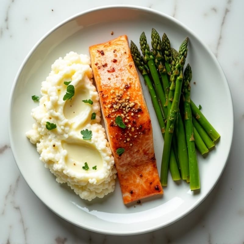 Seared Salmon with Steamed Asparagus and Cauliflower Mash