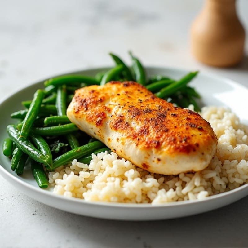 Lemon-Spiced Chicken and Rice with Sautéed Spinach and Crisp Green Beans