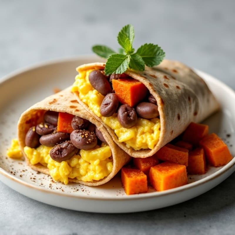 Hearty Scrambled Egg and Black Bean Burrito with Roasted Sweet Potatoes