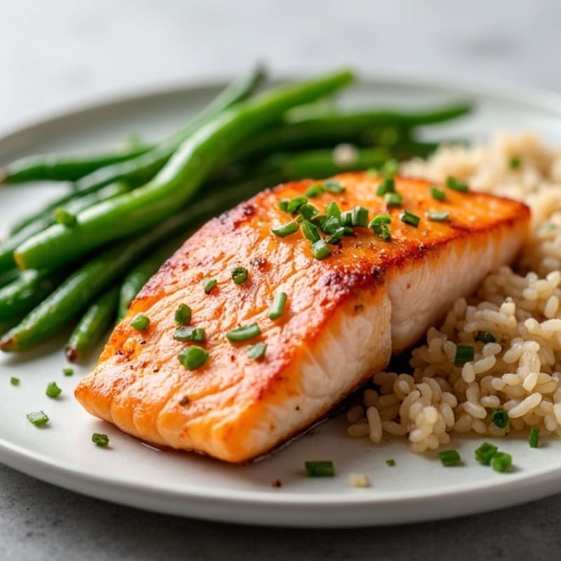 Seared Salmon Fillet with Garlic Green Beans and Brown Rice
