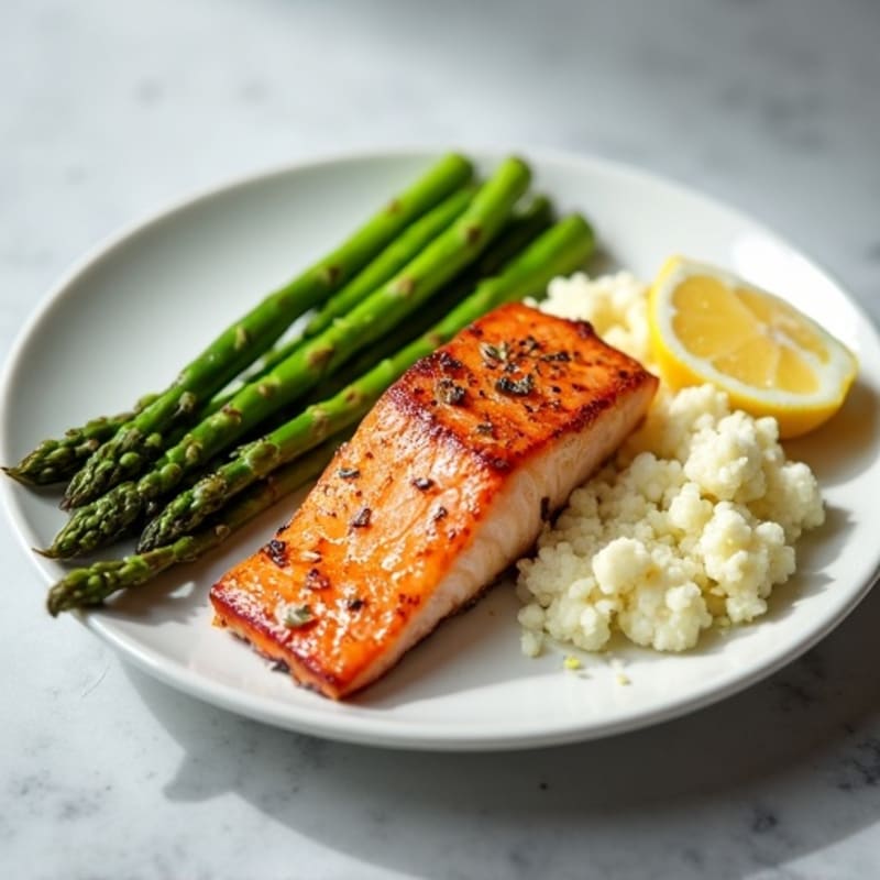 Seared Salmon with Steamed Asparagus and Cauliflower Mash