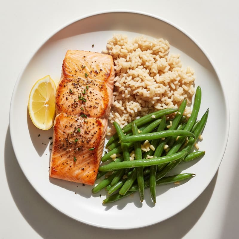 Seared Salmon with Garlic Green Beans and Steamed Brown Rice