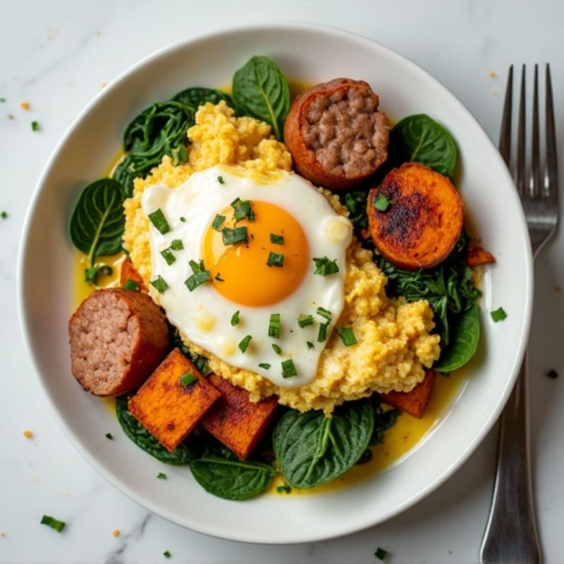 Egg White and Turkey Sausage Scramble with Spinach and Sweet Potato