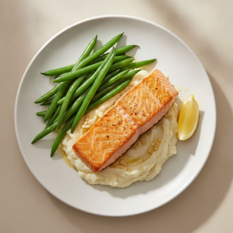 Seared Salmon with Steamed Green Beans and Garlic Mashed Potatoes