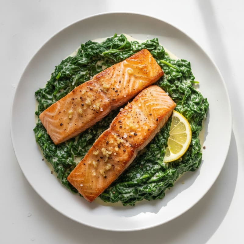 Garlic Butter Salmon with Creamed Spinach