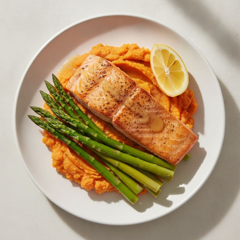 Seared Salmon Fillet with Steamed Asparagus and Sweet Potato Mash