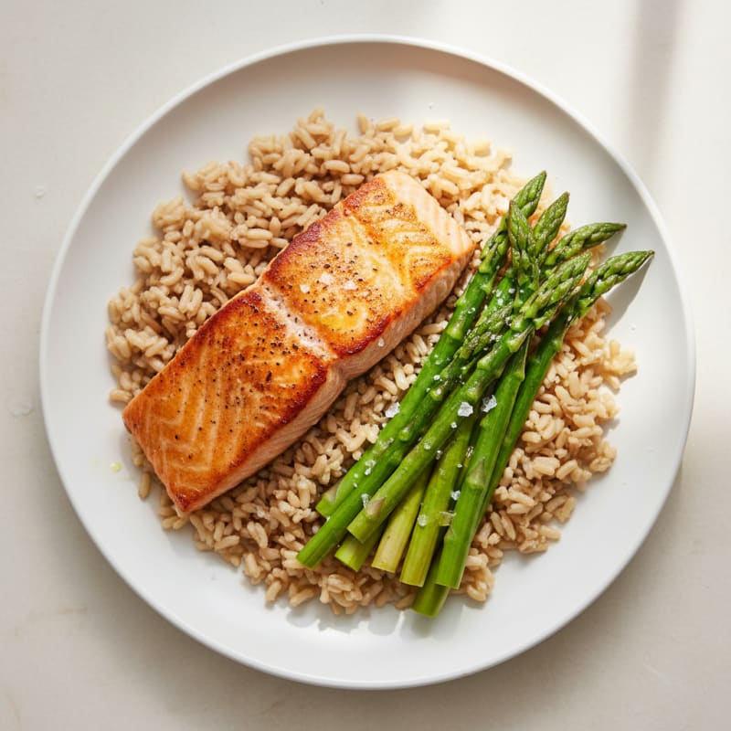 Seared Salmon with Steamed Asparagus and Brown Rice