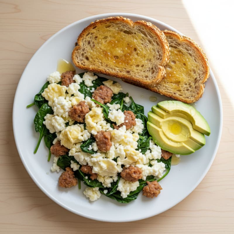 Cottage Cheese Scramble with Turkey Sausage and Spinach
