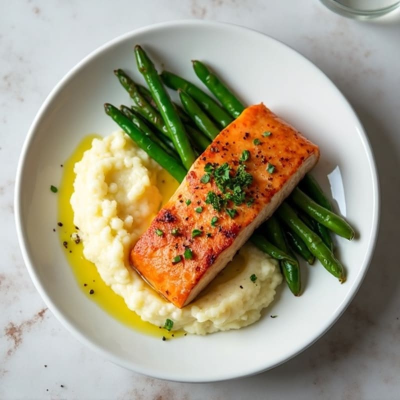 Seared Salmon with Garlic Green Beans and Cauliflower Mash