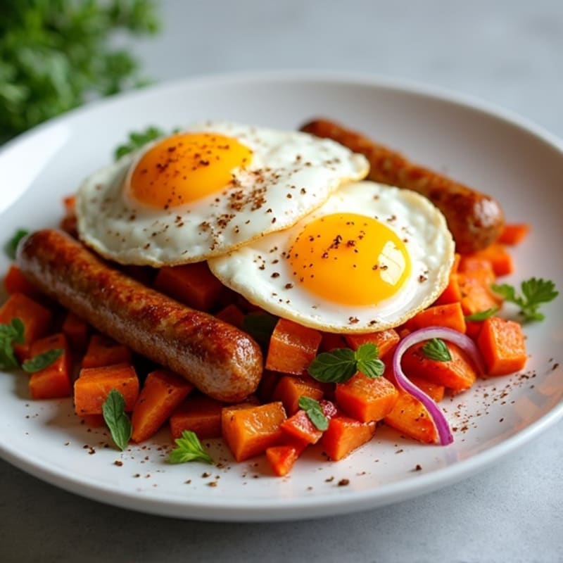 Crispy Sweet Potato Hash with Lean Turkey Sausage and Fried Eggs