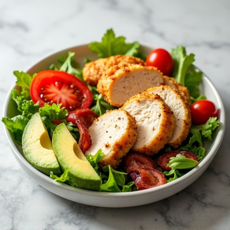 Crispy Chicken and Turkey Bacon Salad with Fresh Tomatoes and Creamy Avocado Dressing