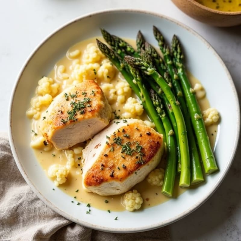 Chicken with Creamy Cauliflower Alfredo and Roasted Asparagus