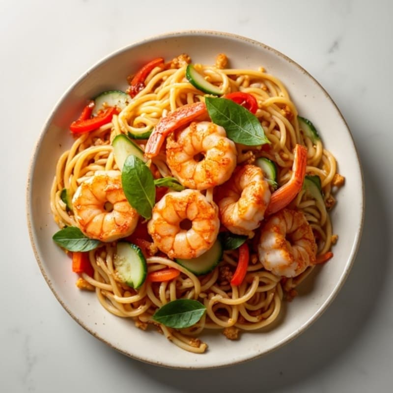 Pan-Seared Shrimp with Zesty Peanut Noodles and Crunchy Veggies