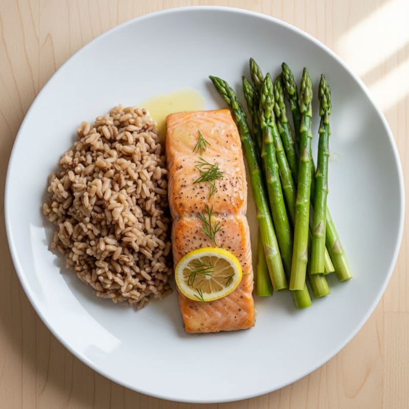 Baked Salmon Fillet with Steamed Asparagus and Brown Rice