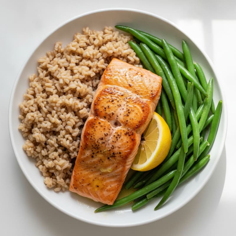 Seared Salmon with Steamed Green Beans and Brown Rice