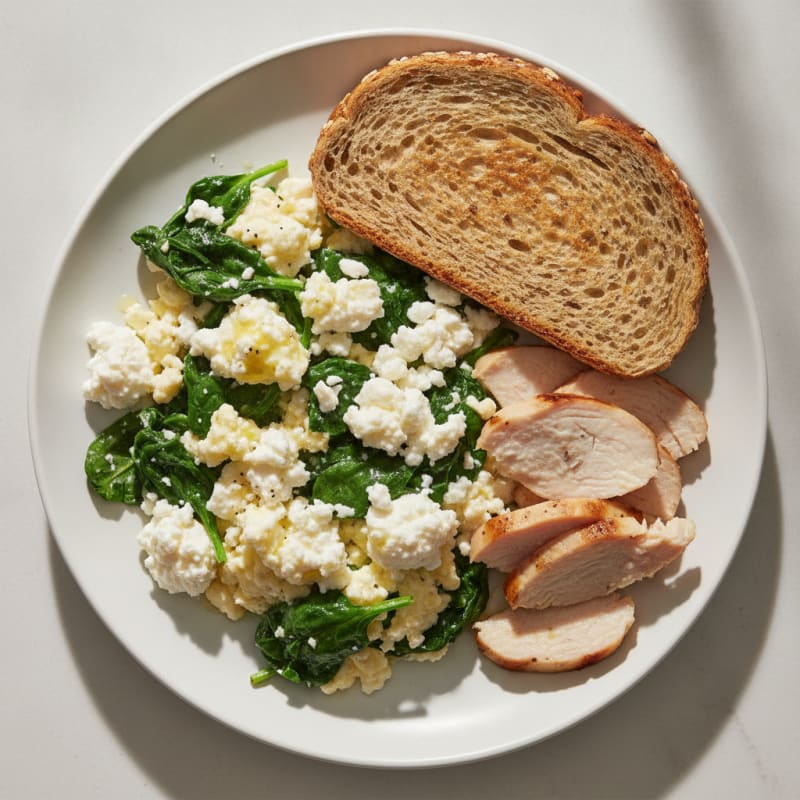 Egg White Spinach Scramble with Cottage Cheese and Sliced Turkey