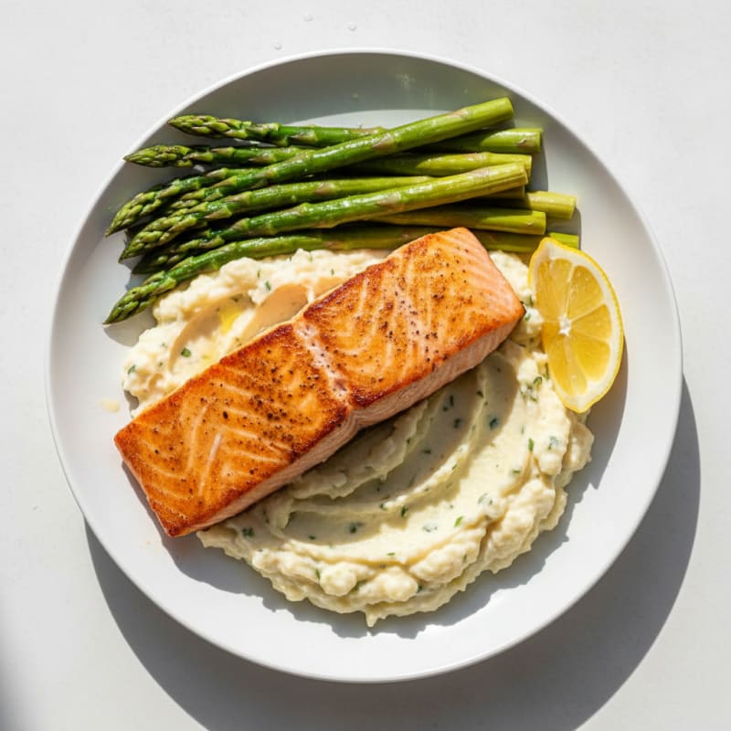 Seared Salmon with Steamed Asparagus and Cauliflower Mash