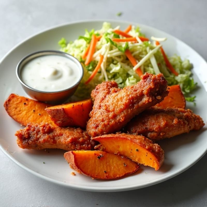 Crispy Baked Buffalo Chicken Wings with Roasted Sweet Potato Wedges and Creamy Ranch Slaw