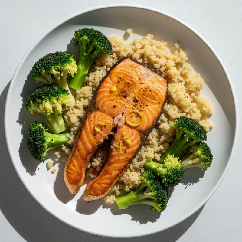 Seared Salmon Fillet with Steamed Broccoli and Quinoa