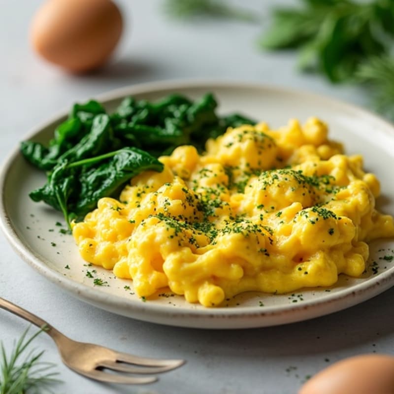 Fluffy Scrambled Eggs with Fresh Herbs and Sautéed Spinach