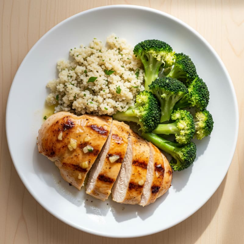 Grilled Lemon Garlic Chicken Breast with Quinoa and Steamed Broccoli