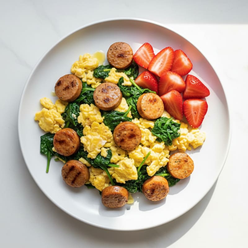 Scrambled Eggs with Chicken Sausage and Sautéed Spinach