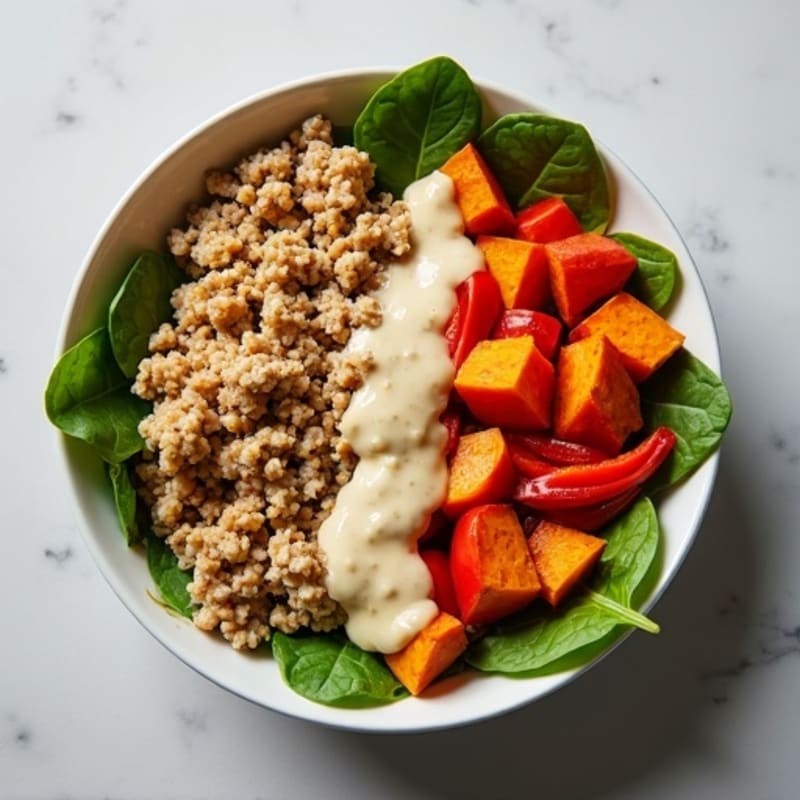 Ground Turkey and Roasted Sweet Potato Bowl with Creamy Tahini Dressing