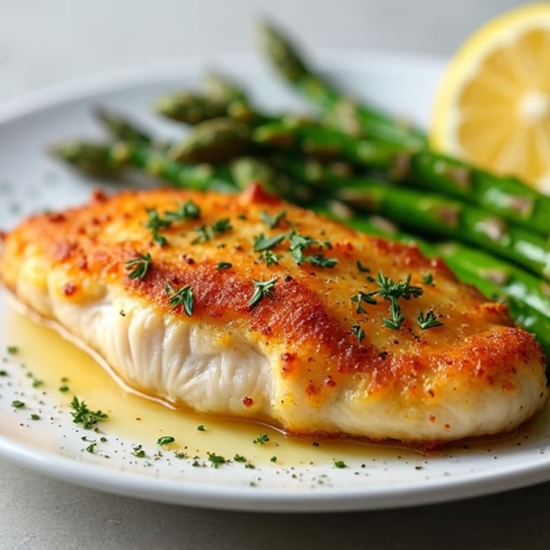 Crispy Pan-Seared Chicken Breast with Lemon-Herb Roasted Asparagus