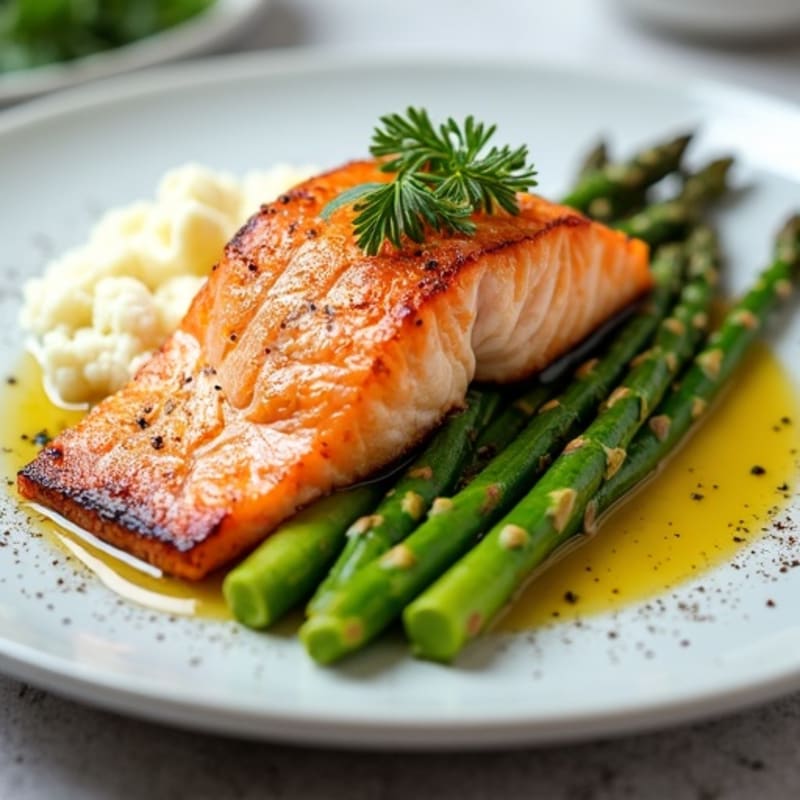 Seared Salmon with Steamed Asparagus and Cauliflower Mash