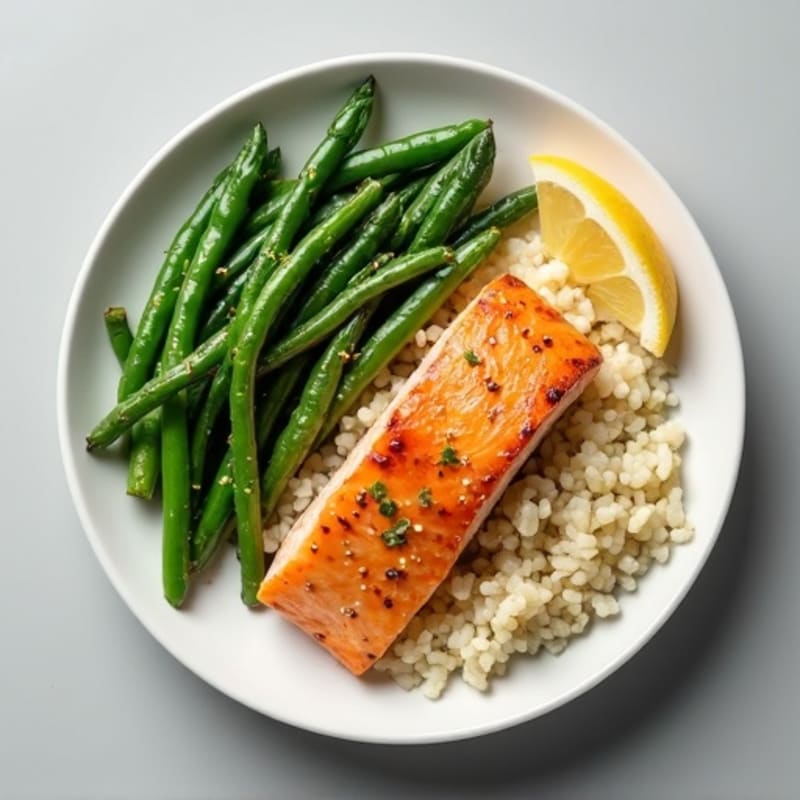 Seared Salmon with Garlic Green Beans and Cauliflower Rice