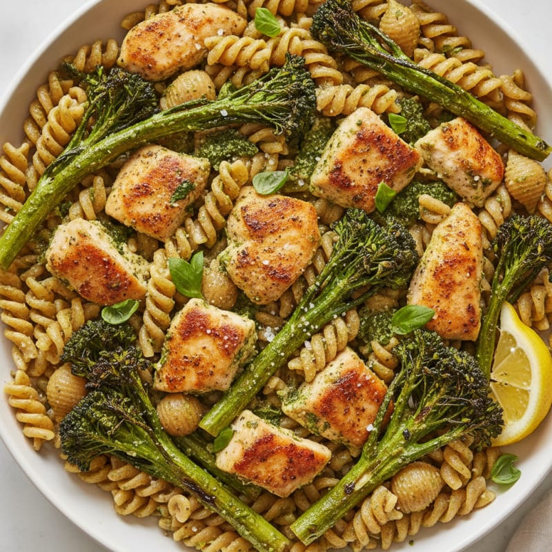Chicken Pesto Pasta with Roasted Broccolini Bowl